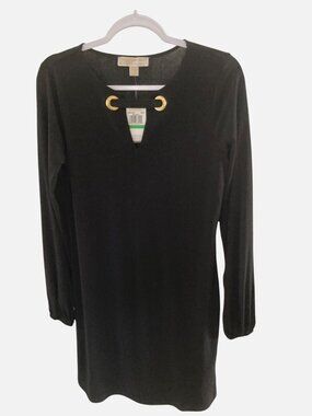 Michael Kors Women's Black Puff Long Sleeve Logo Dress Large NWT